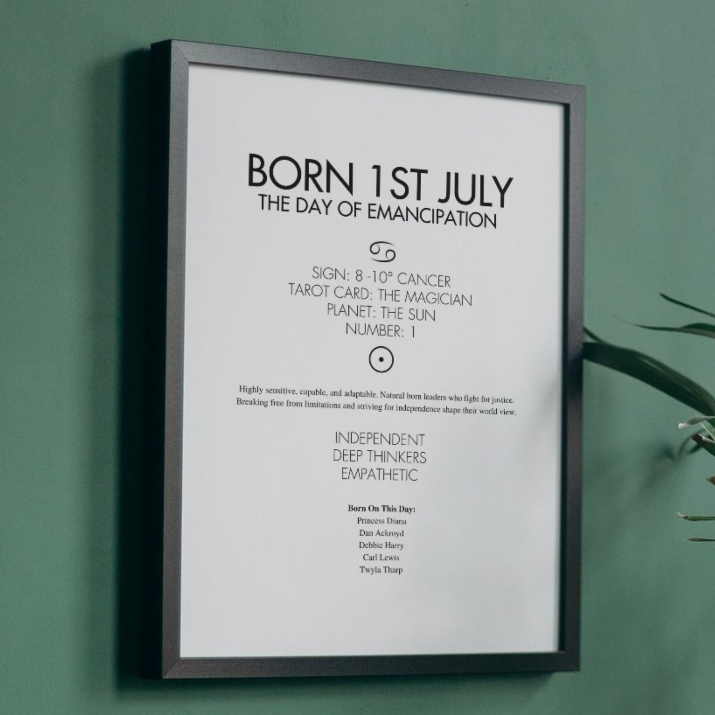 Informational wall art about those born on July 1st, including zodiac sign, tarot card, planet, number, and notable individuals. Framed and on the wall.