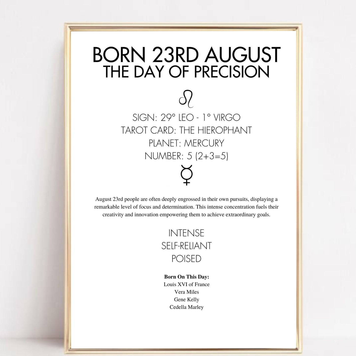 Gold framed poster with text about being born on the 23rd of August, including astrological and psychological insights.