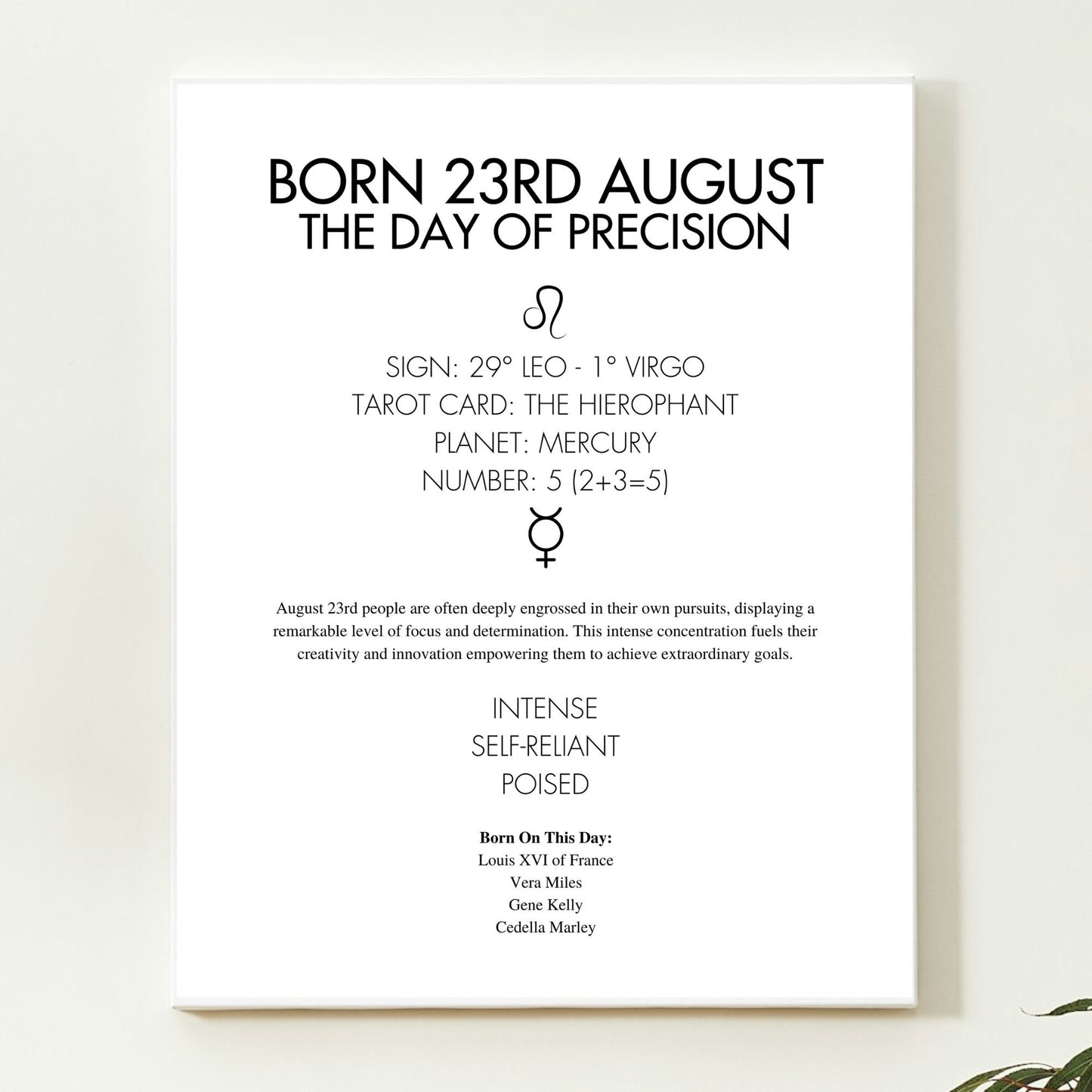 Poster with text about being born on the 23rd of August, including astrological and psychological insights. Framed on contemporary canvas.