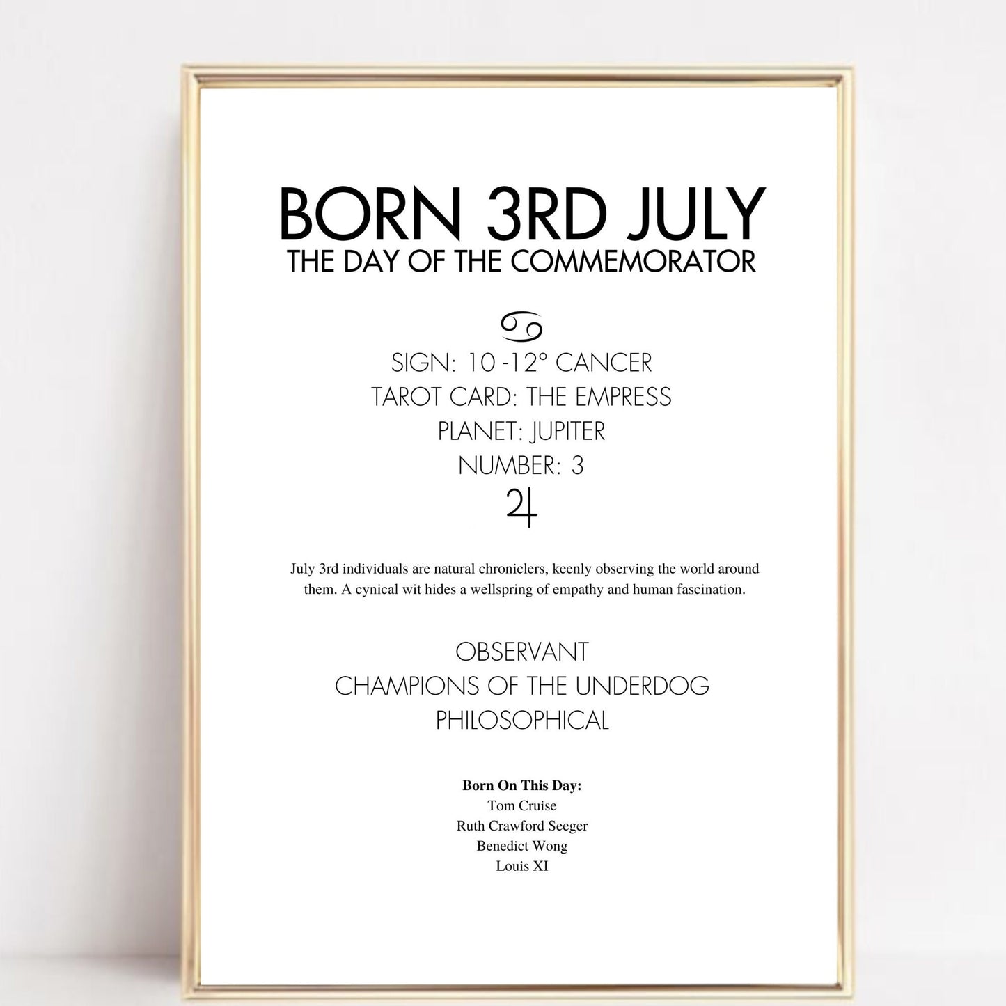 Gold framed poster with text about being born on the 3rd of July, including astrological and psychological insights.