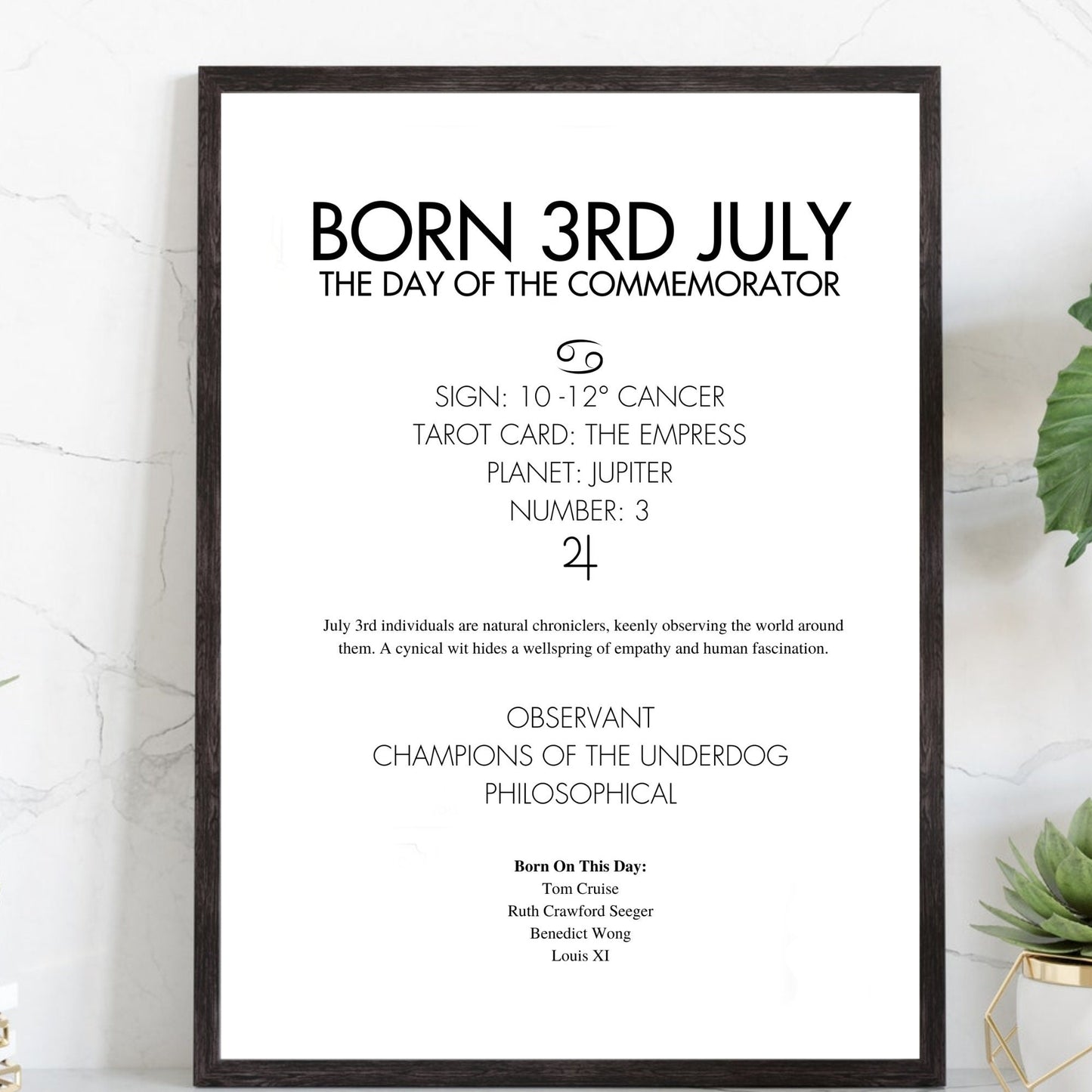 Black framed poster with text about being born on the 3rd of July, including astrological and psychological insights.