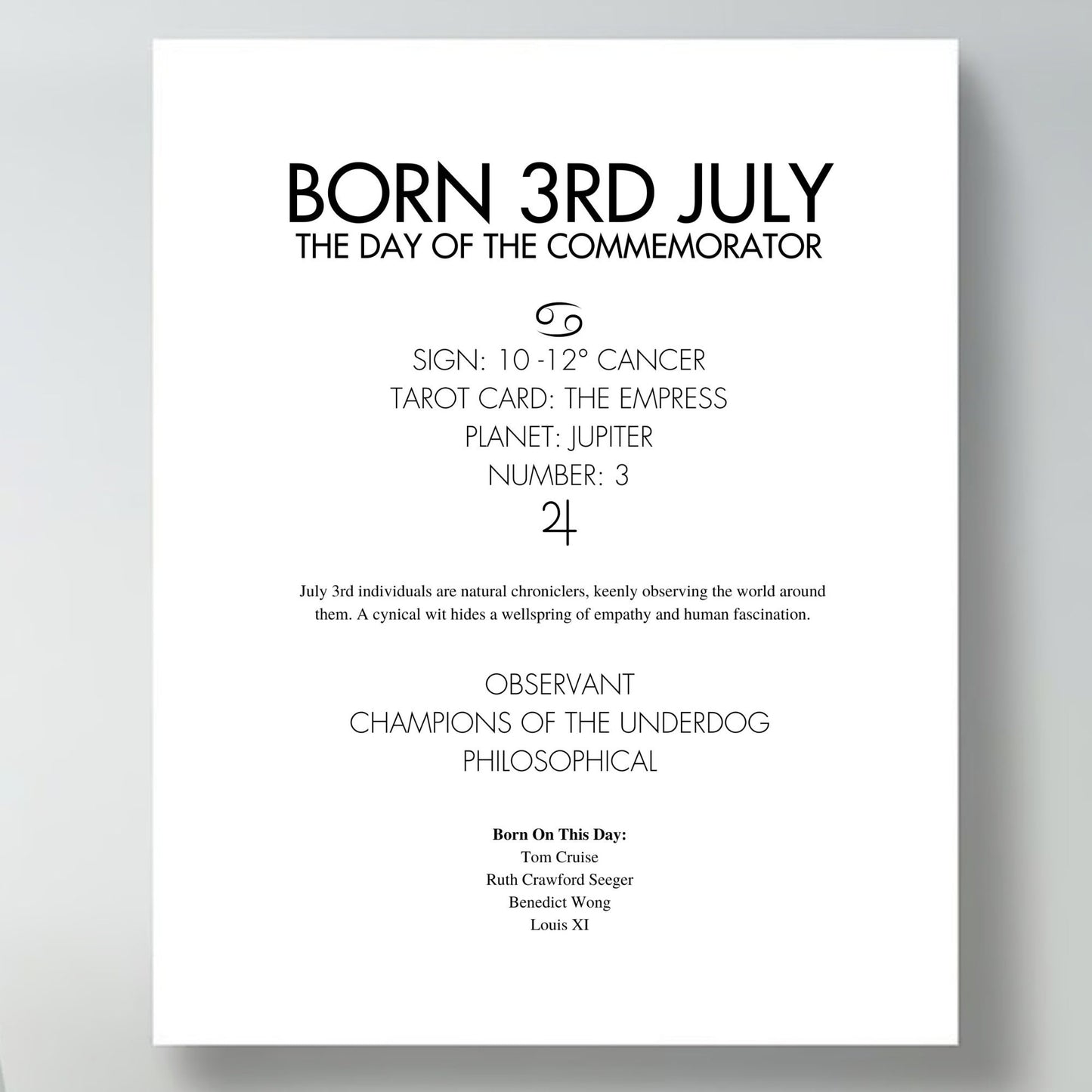 Contemporary framed poster with text about being born on the 3rd of July, including astrological and psychological insights.