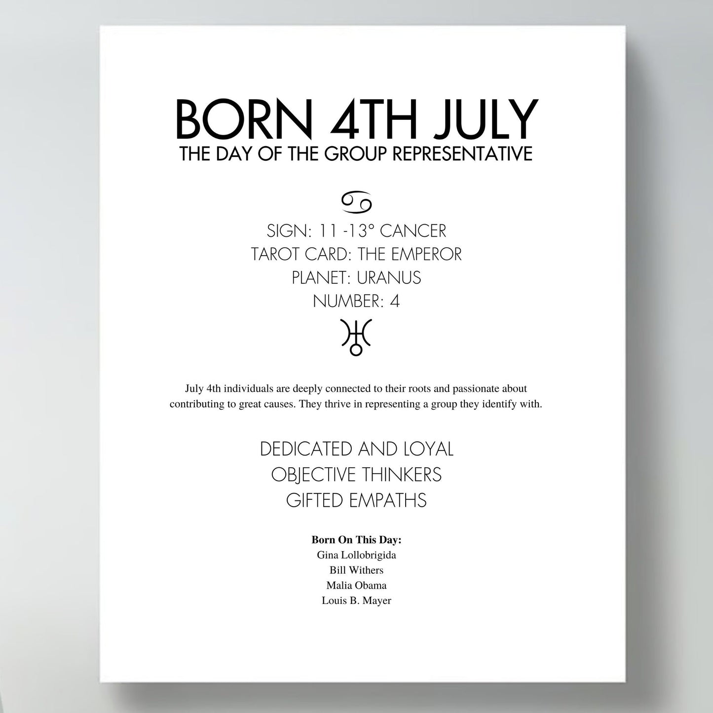 Contemporary framed poster with text about being born on the 4th of July, including astrological and psychological insights.