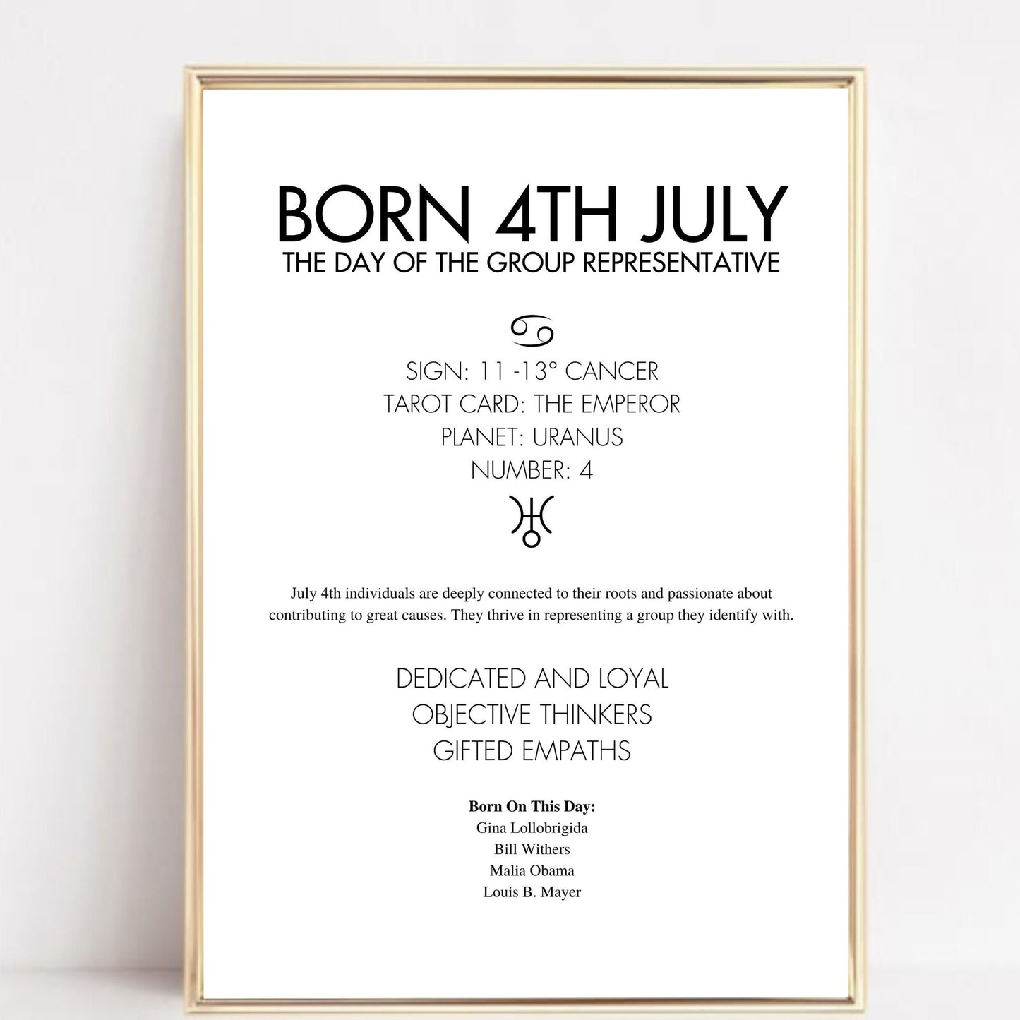 Gold framed poster with text about being born on the 4th of July, including astrological and psychological insights.
