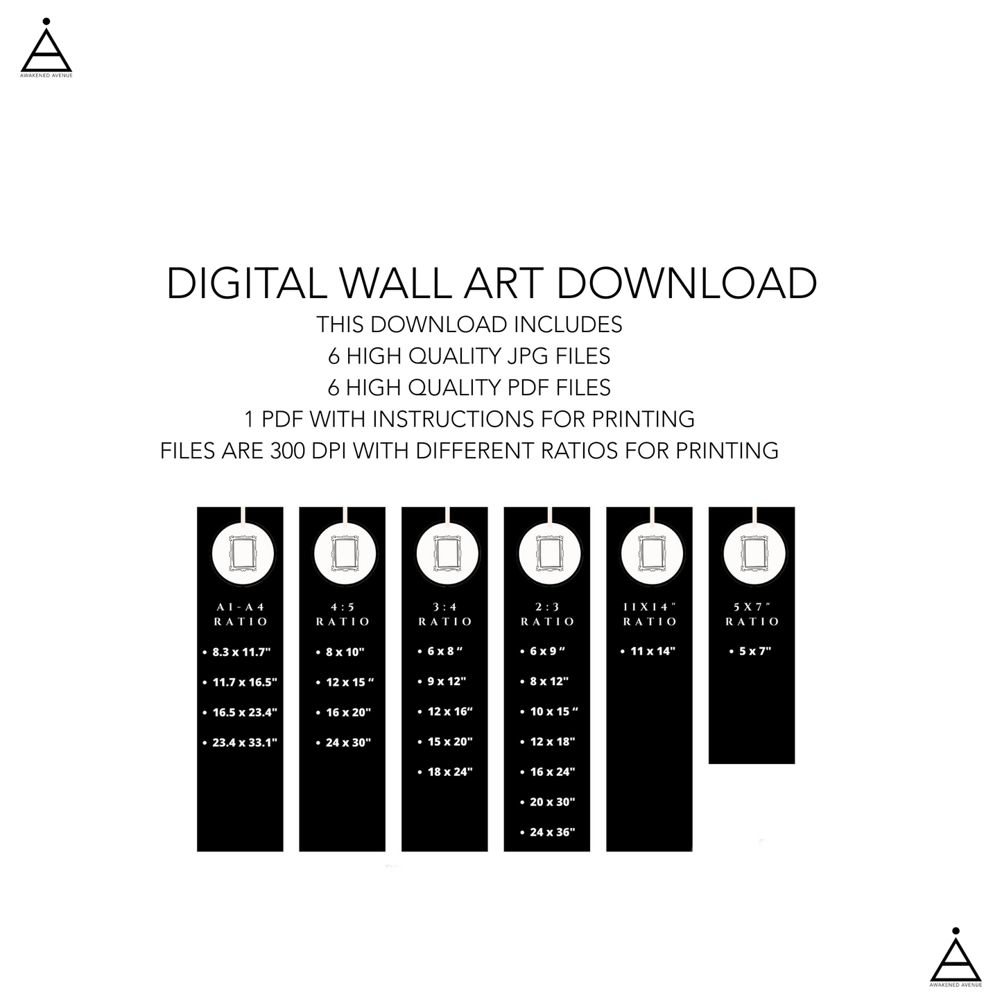Digital wall art download with dimensions and file types on a white background
