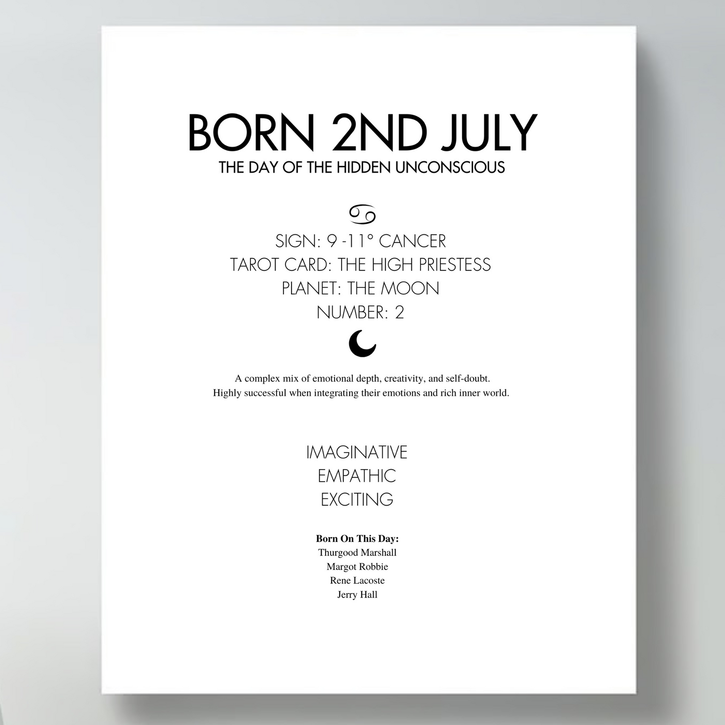 Informational poster about people born on July 2nd, featuring astrological details and a moon symbol.