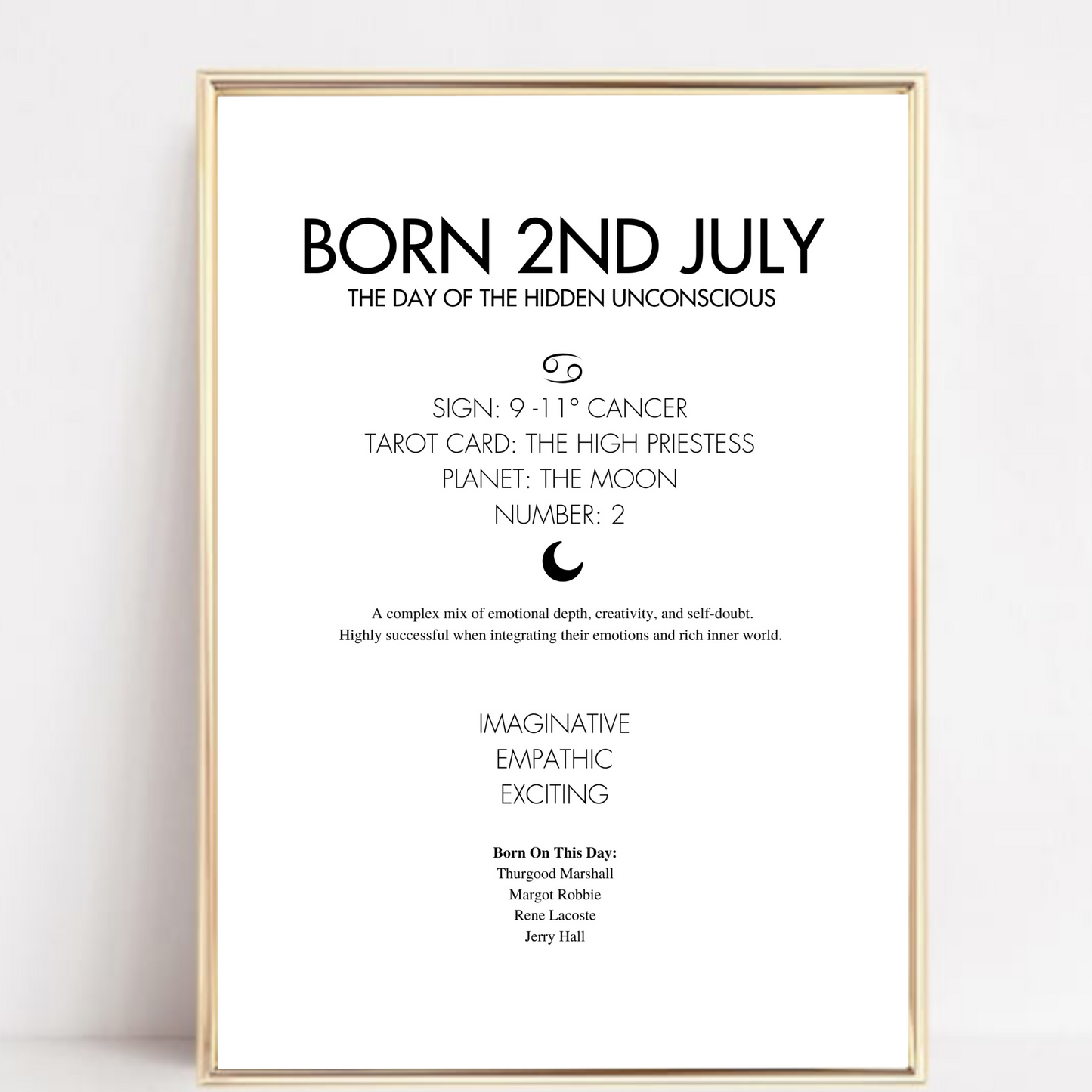 Framed poster with text about being born on the 2nd of July, including astrological and psychological insights.