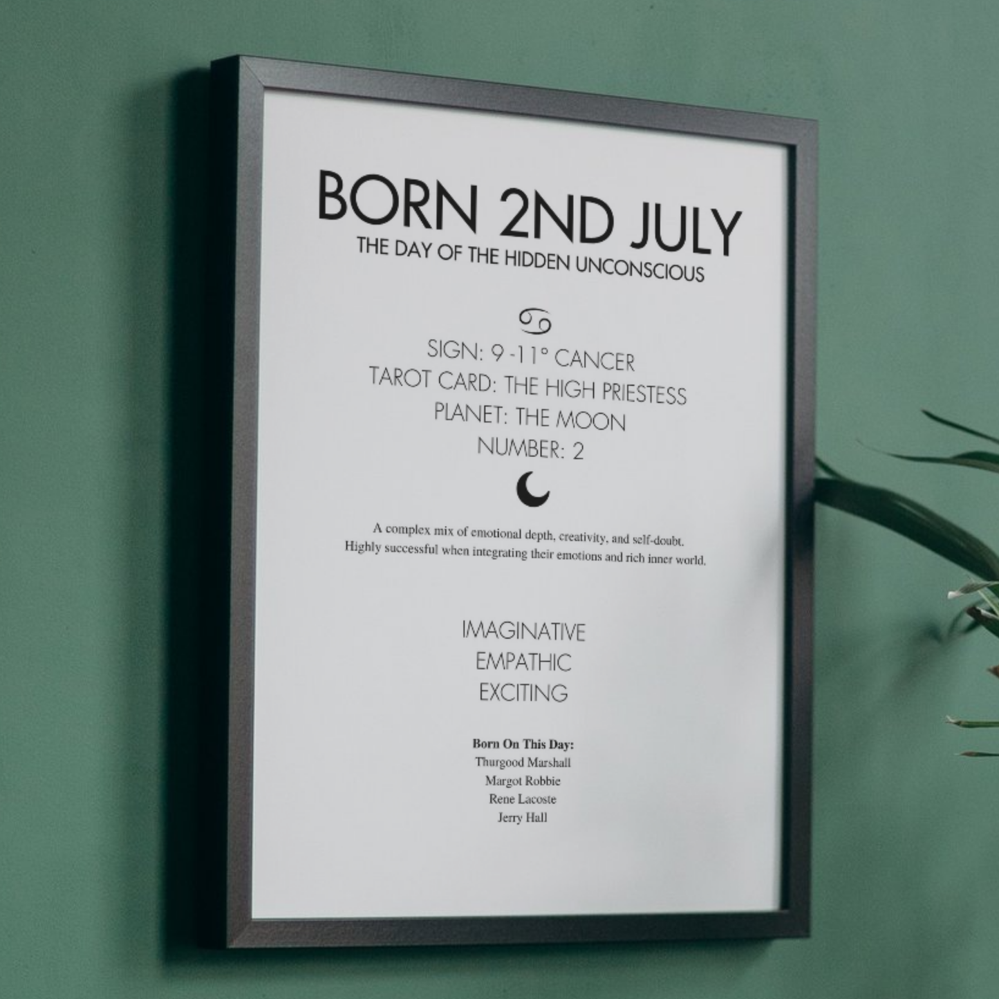 Framed poster with information about those born on July 2nd against a green background
