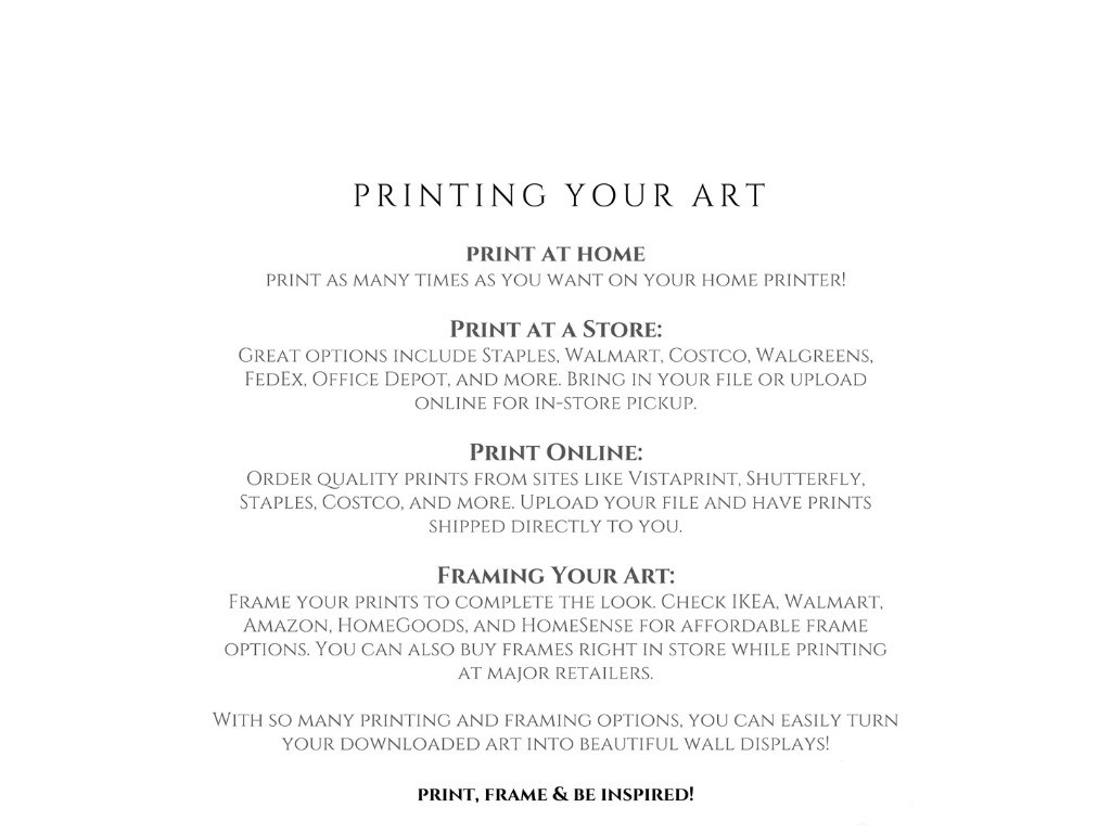 Instructions for printing and framing art on a white background