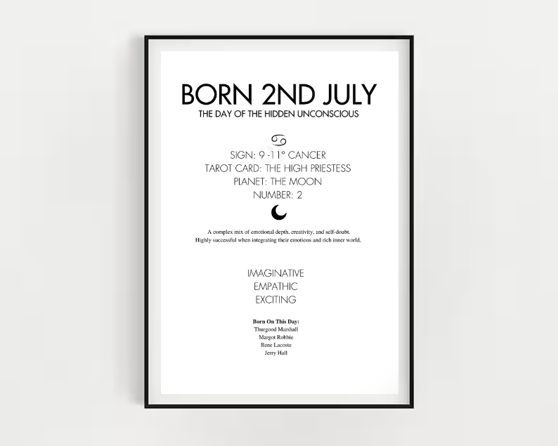 Framed poster with text about being born on the 2nd of July, including astrological and tarot card information.