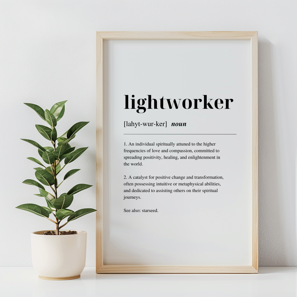 Wood framed poster with inspirational definition art text for the word and meaning of a Lightworker