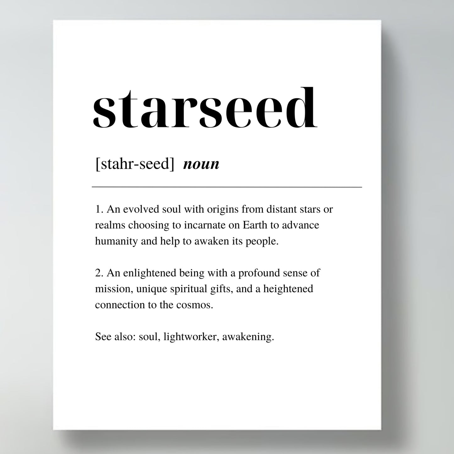 A digital art print with the word 'Starseed' written on it with a definition, displayed in a contemporary canvas.