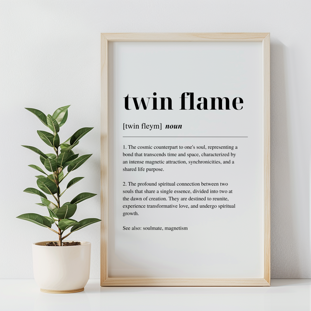 wooden framed poster with inspirational definition art text for the word and meaning of Twin Flame