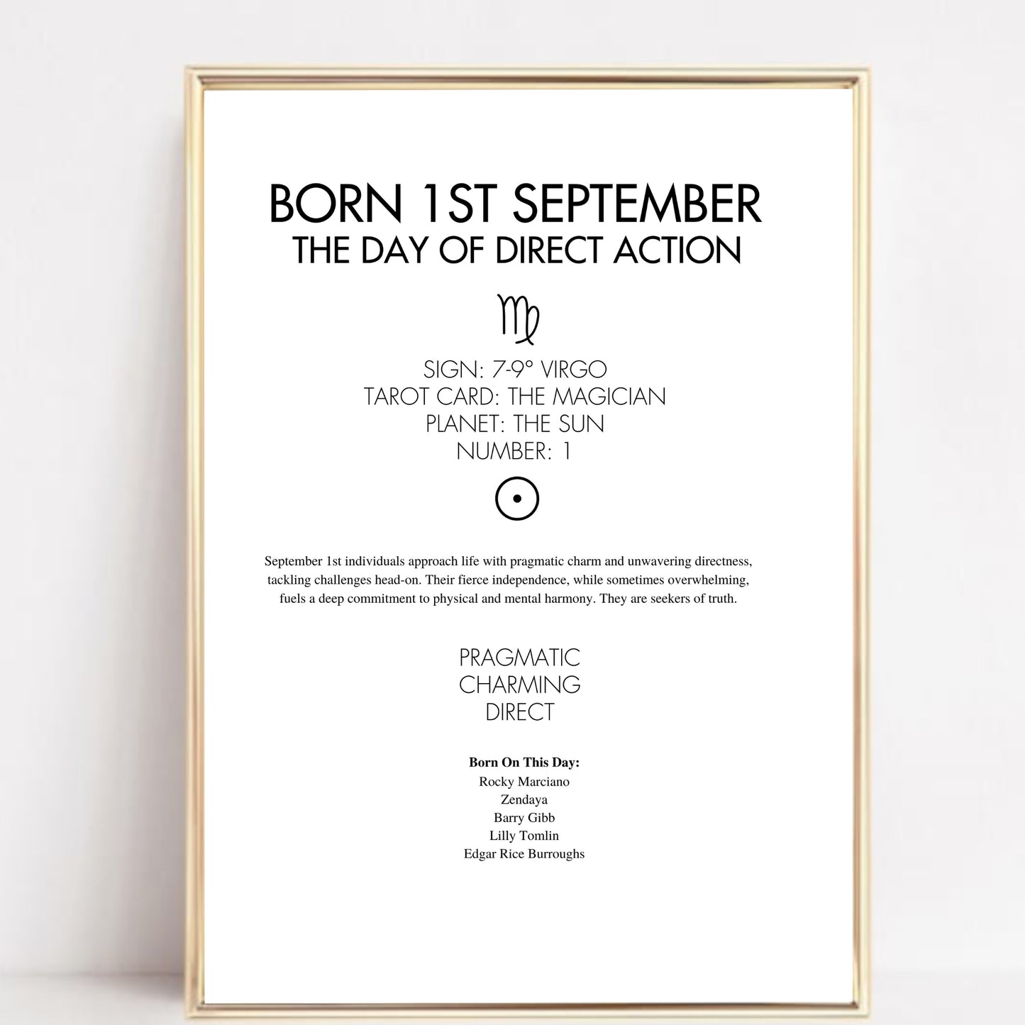 Framed poster with text about those born on September 1st, including astrological details.