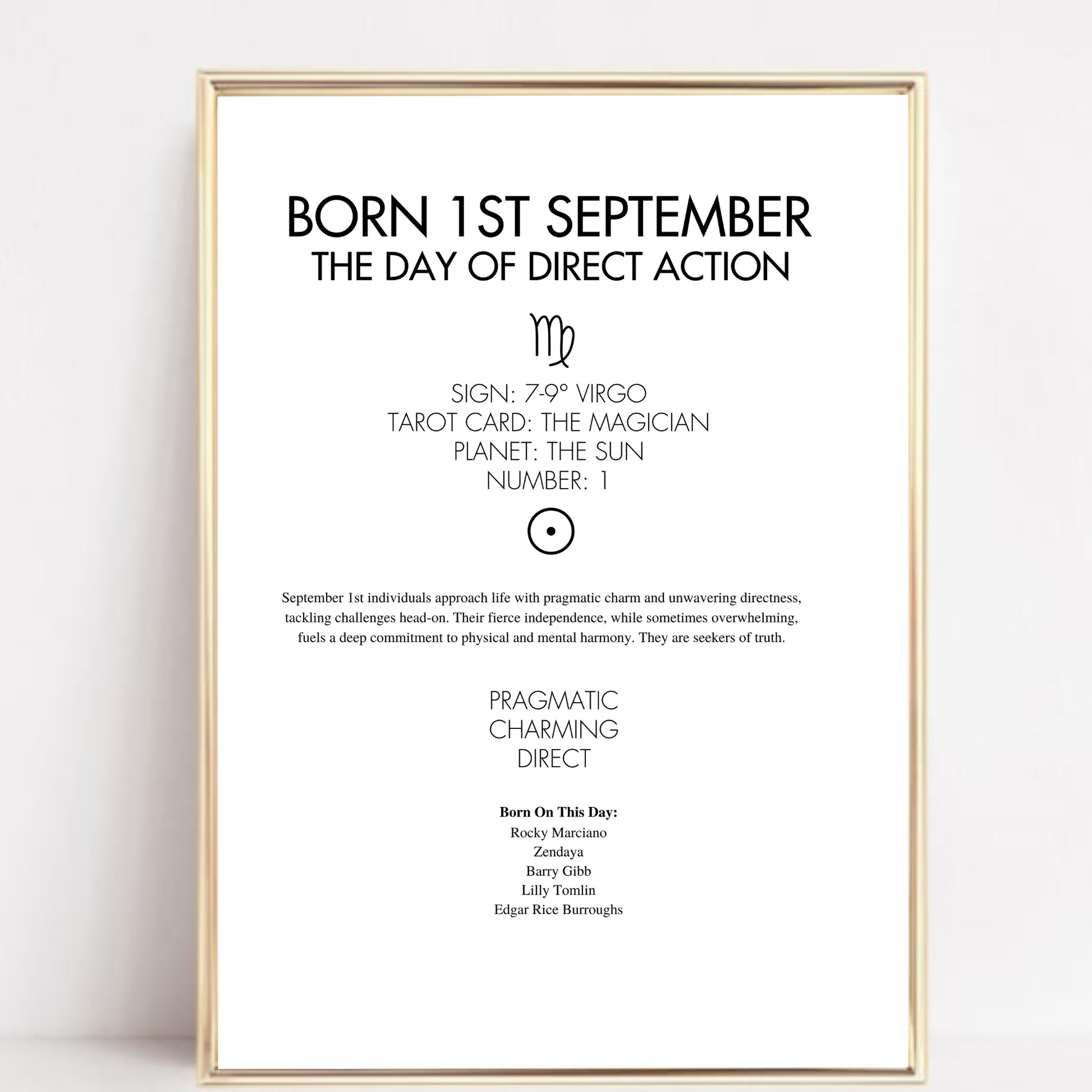 Framed poster with text about those born on September 1st, including astrological details.