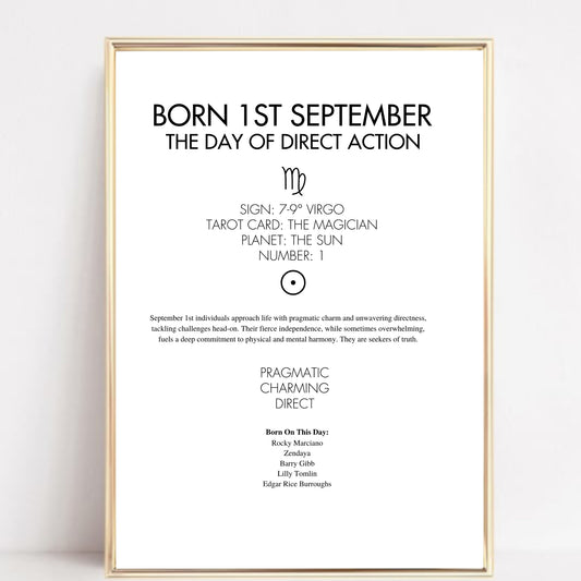 Framed poster with text about those born on September 1st, including astrological details.