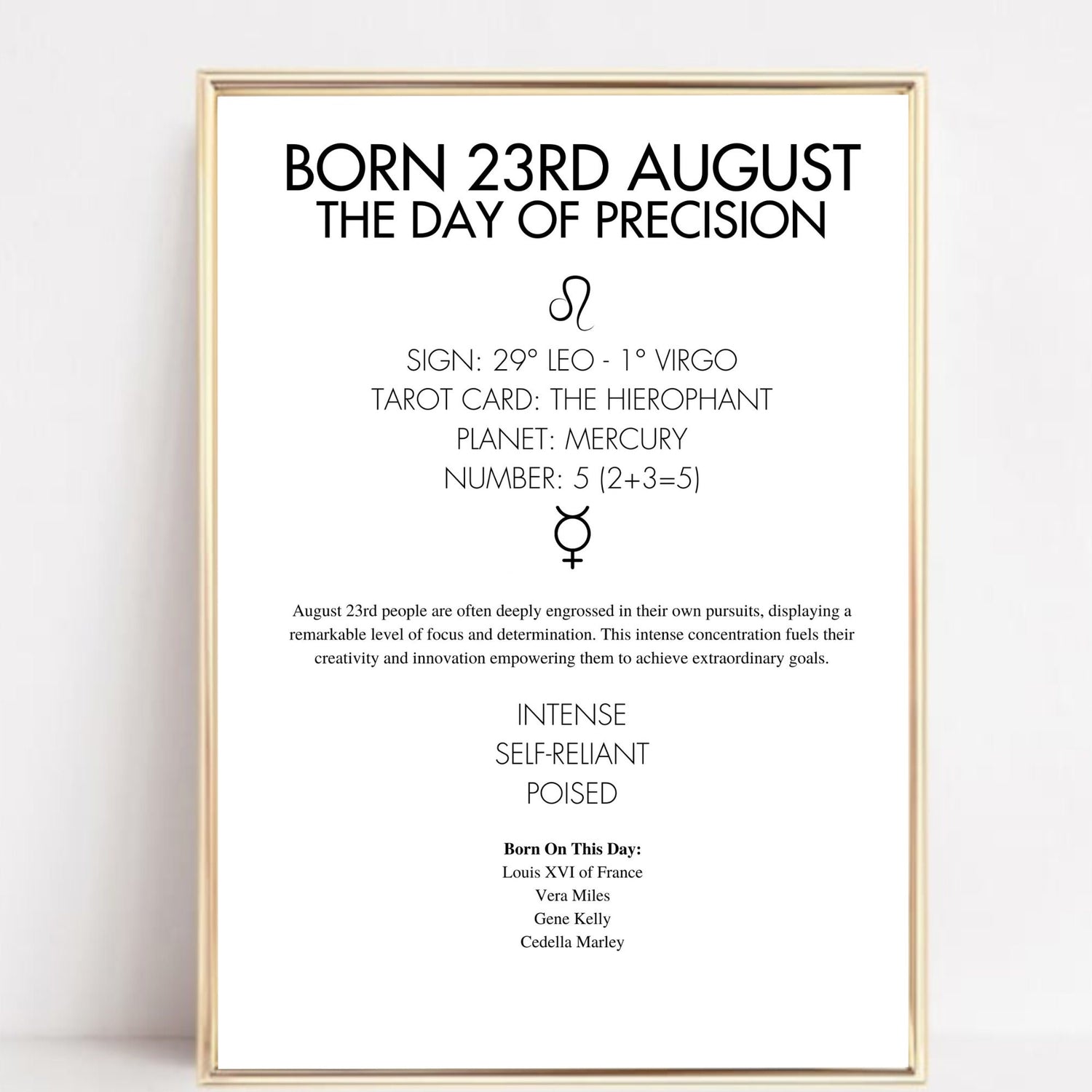 Gold framed poster with text about being born on the 23rd of August, including astrological and psychological insights.
