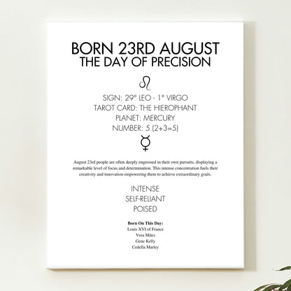 Poster with text about being born on the 23rd of August, including astrological and psychological insights. Framed on contemporary canvas.