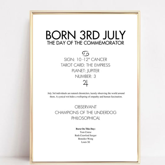 Gold framed poster with text about being born on the 3rd of July, including astrological and psychological insights.