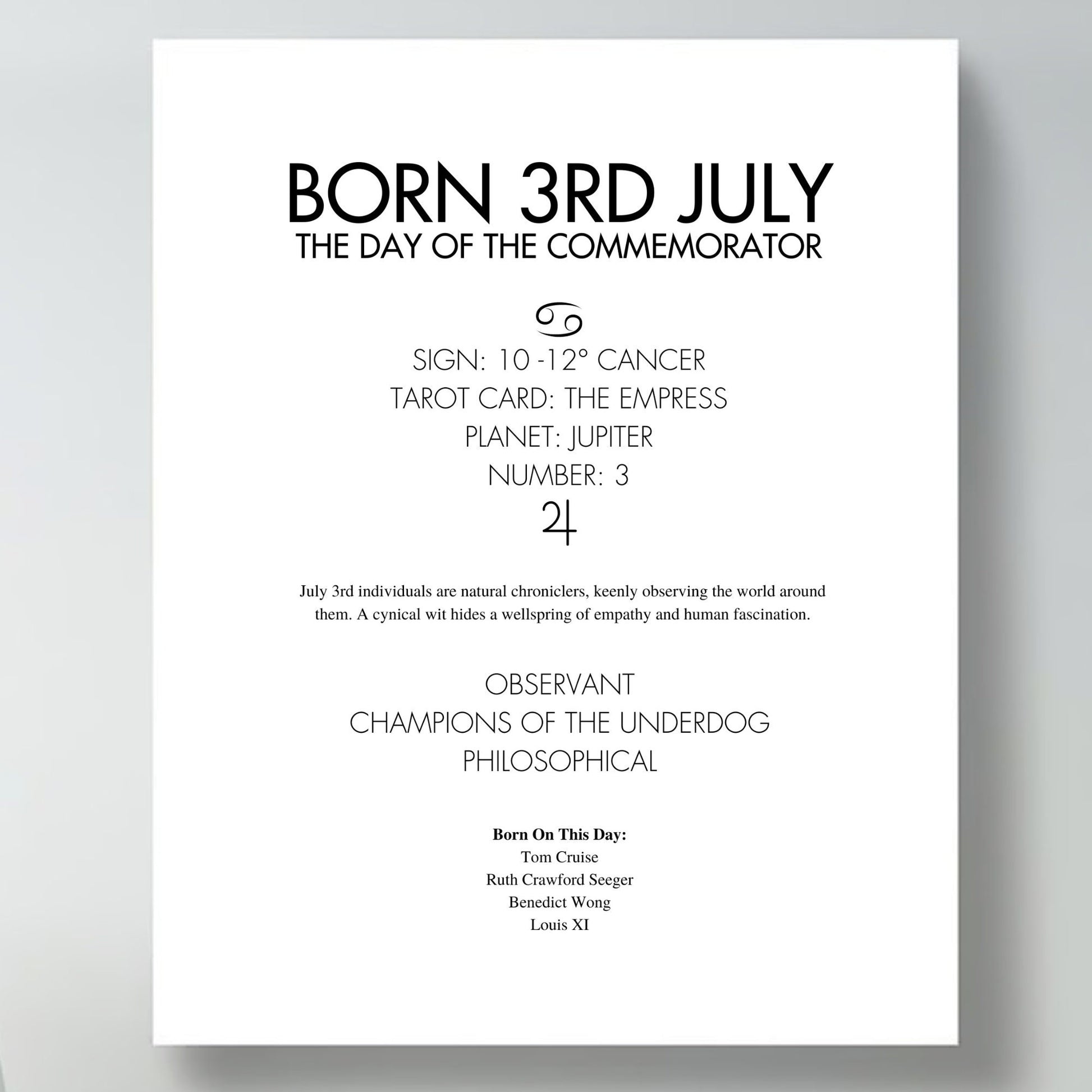 Contemporary framed poster with text about being born on the 3rd of July, including astrological and psychological insights.