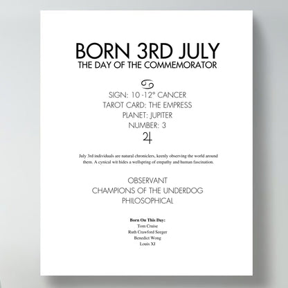 Contemporary framed poster with text about being born on the 3rd of July, including astrological and psychological insights.