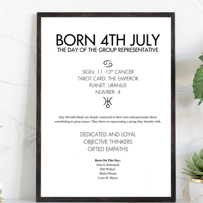 Black framed poster with text about being born on the 4th of July, including astrological and psychological insights.