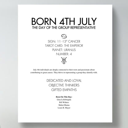 Contemporary framed poster with text about being born on the 4th of July, including astrological and psychological insights.