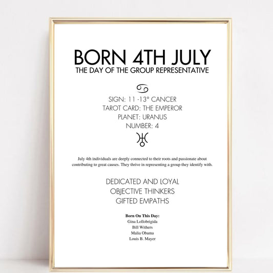 Gold framed poster with text about being born on the 4th of July, including astrological and psychological insights.