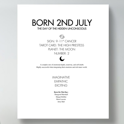 Informational poster about people born on July 2nd, featuring astrological details and a moon symbol.