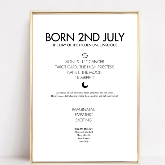 Framed poster with text about being born on the 2nd of July, including astrological and psychological insights.