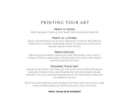 Instructions for printing and framing art on a white background