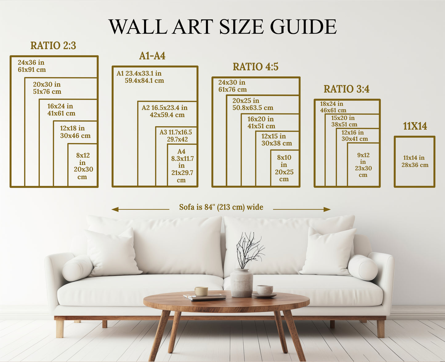 a wall art size guide illustrating the different ratios. sizes shown over a sofa in a living room to give persepctive