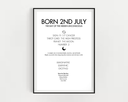Framed poster with text about being born on the 2nd of July, including astrological and tarot card information.