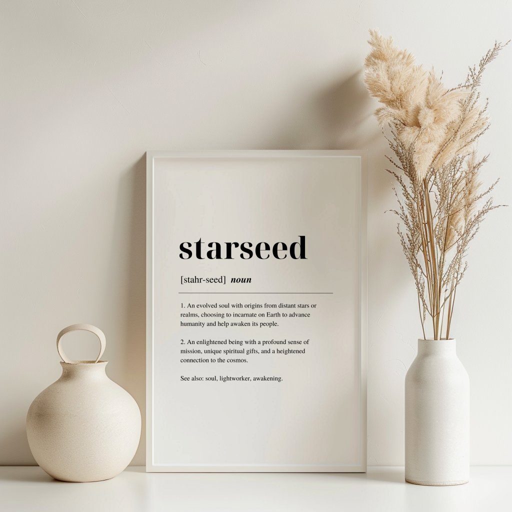 A digital art print with the word 'Starseed' written on it with a definition, displayed in a wooden frame , accompanied by a vase with a plant on the side.