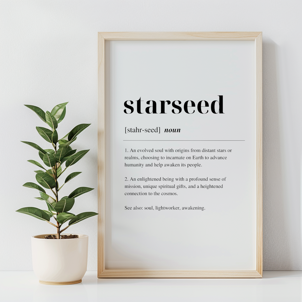 A digital art print with the word 'Starseed' written on it with a definition, displayed in a wooden frame , accompanied by a vase with a plant on the side.