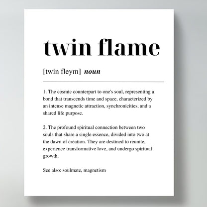 Poster with inspirational definition art text for the word and meaning of Twin Flame. The poster is  on a contemporary canvas